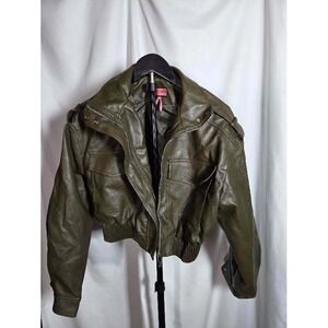 Red Chilli Olive Green Faux Leather Cropped Bomber Jacket Womens Size M Utility